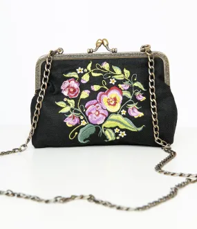 1950s Black & Purple Pansy Handbag