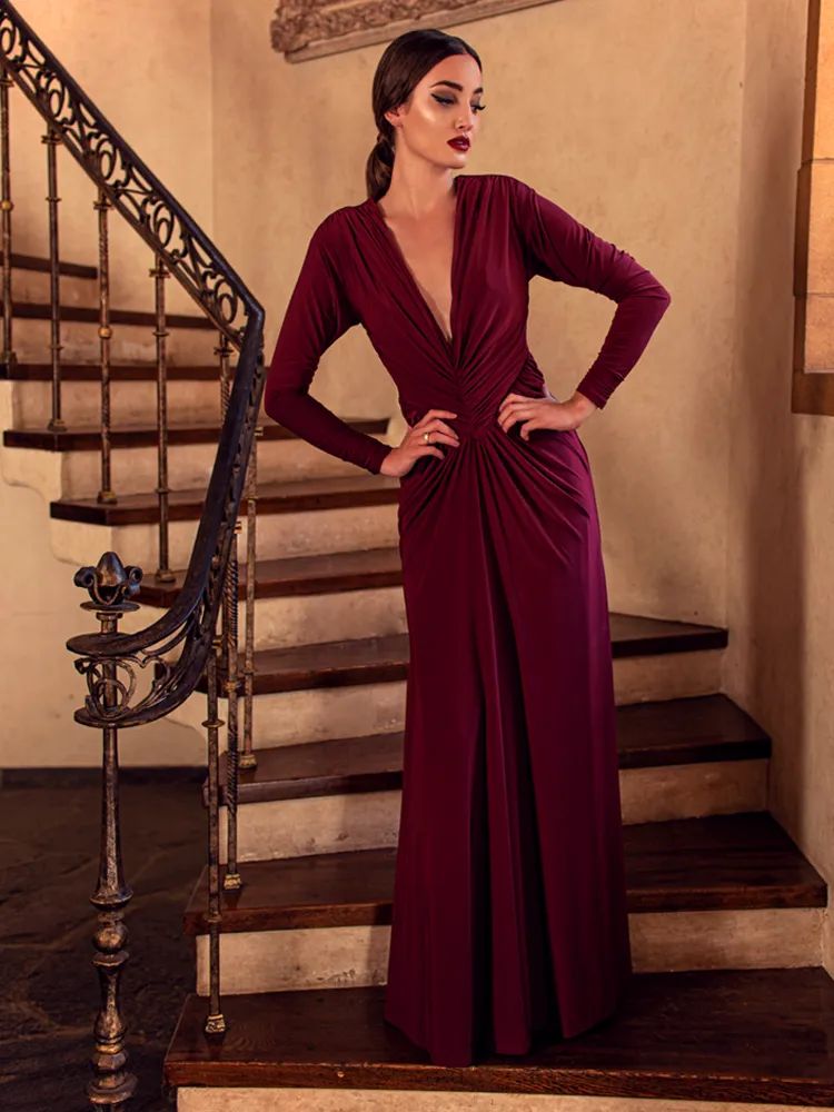 Art Deco Rusched Gown in Crimson (XS, 3XL and 4XL ONLY)