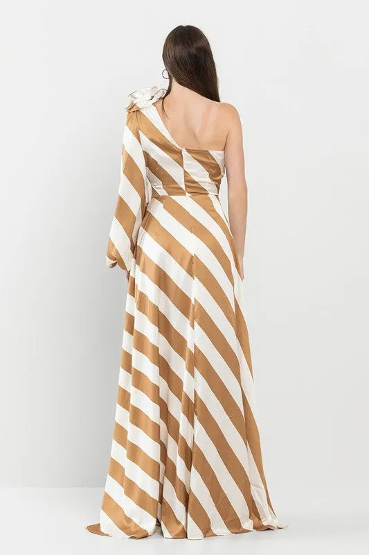 Bellucci Striped One Shoulder Maxi Gold