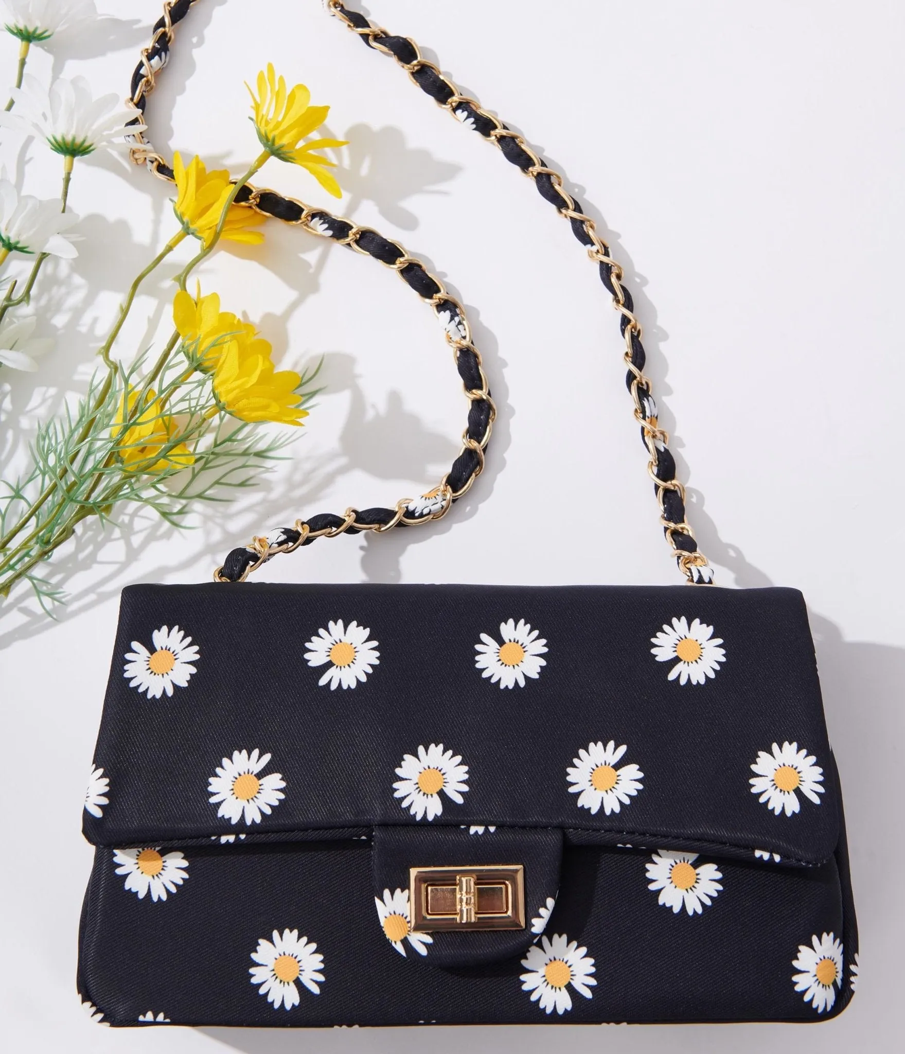 Black & White Daisy Dual Chain Handbag