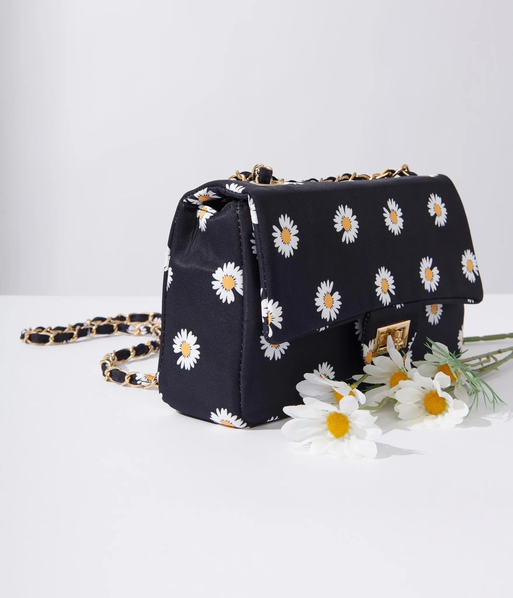 Black & White Daisy Dual Chain Handbag