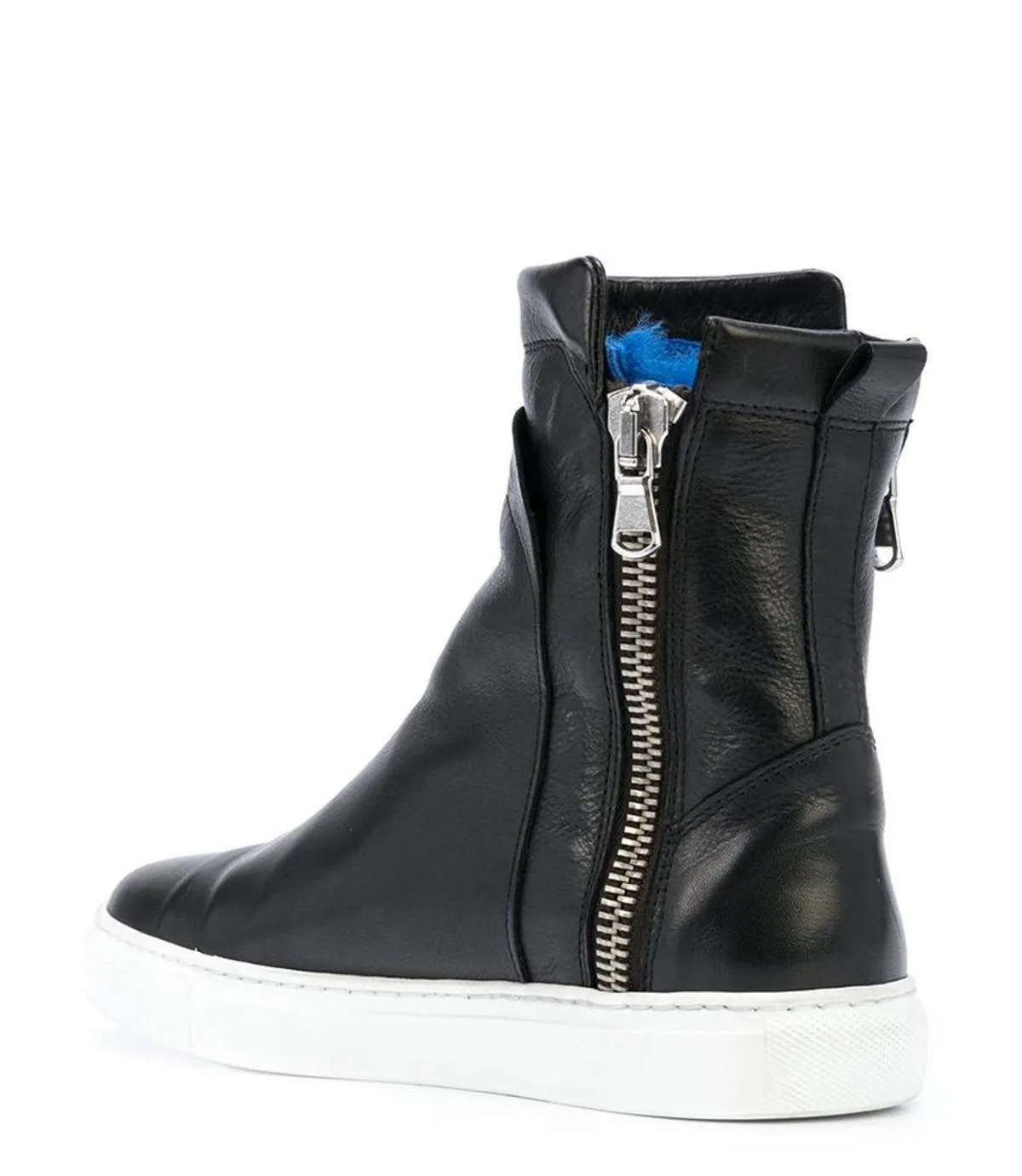 Black Leather Double Zip Shearling Sneaker - Black/Blue