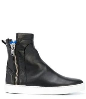 Black Leather Double Zip Shearling Sneaker - Black/Blue