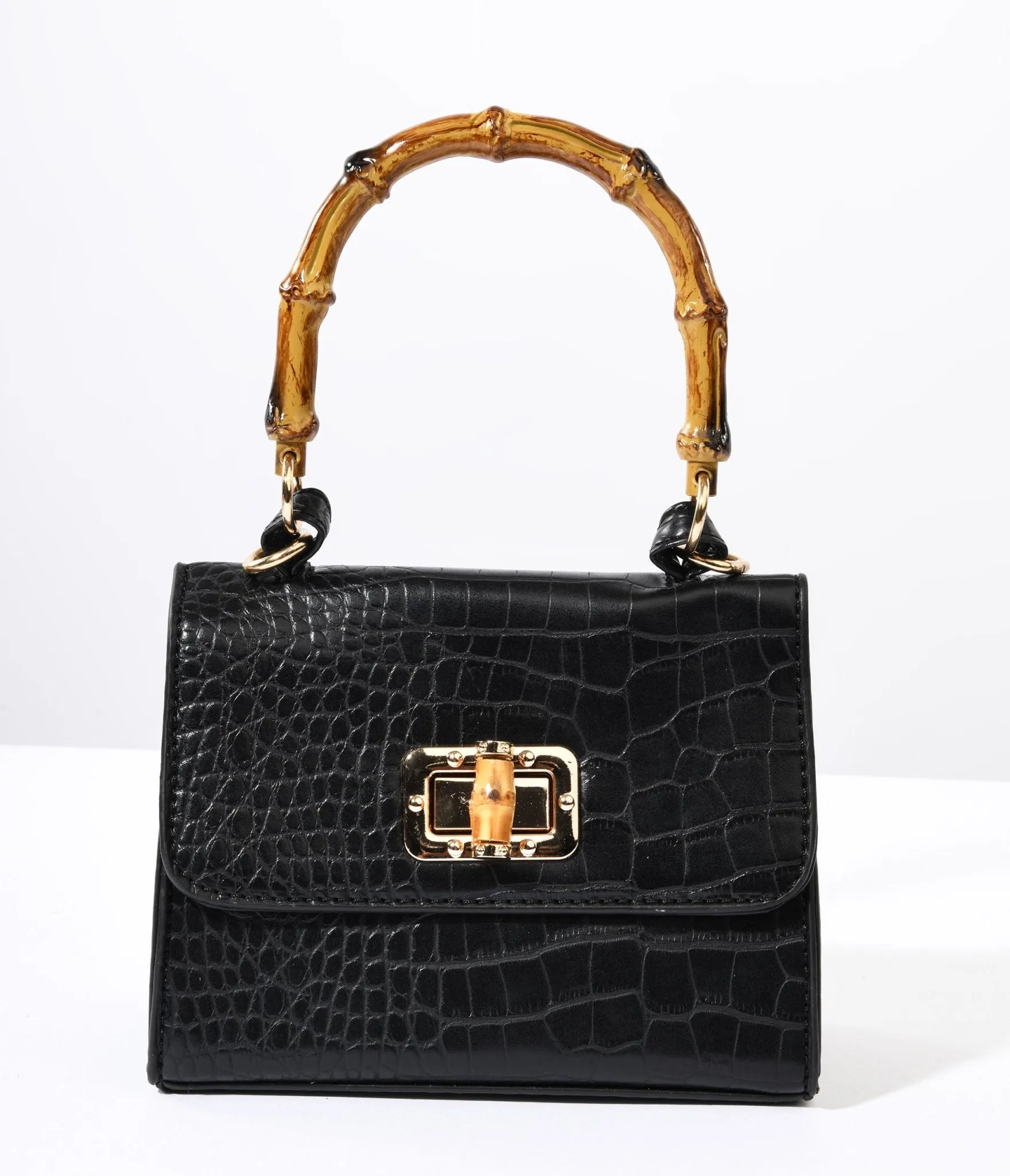 Black Reptile Embossed Bamboo Handle Handbag