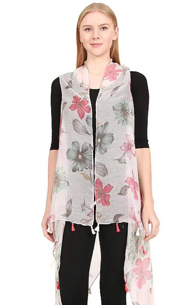 [BOGO] ZAV20203 Floral Print Acrylic Long Scarf Vest