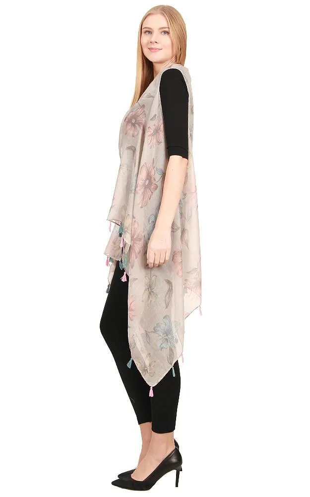 [BOGO] ZAV20203 Floral Print Acrylic Long Scarf Vest