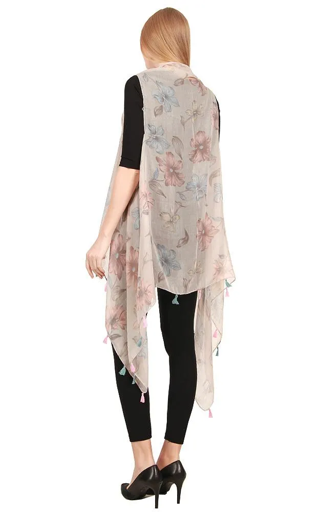 [BOGO] ZAV20203 Floral Print Acrylic Long Scarf Vest