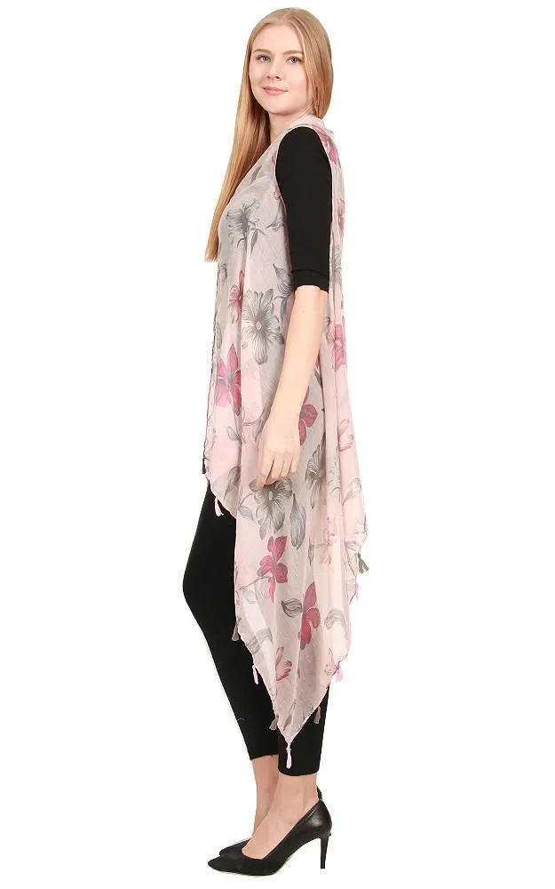 [BOGO] ZAV20203 Floral Print Acrylic Long Scarf Vest