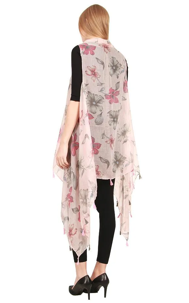 [BOGO] ZAV20203 Floral Print Acrylic Long Scarf Vest