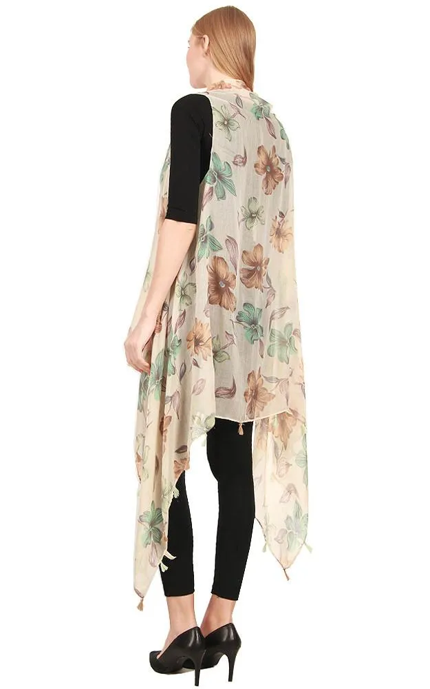 [BOGO] ZAV20203 Floral Print Acrylic Long Scarf Vest