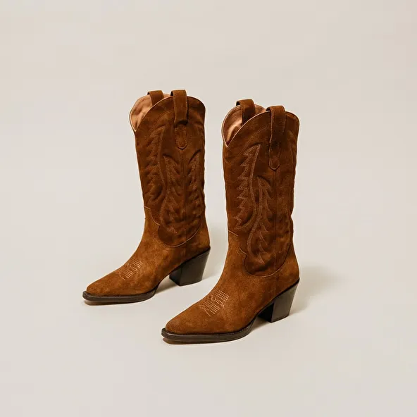 Boots with heels and pointed toes in cognac suede