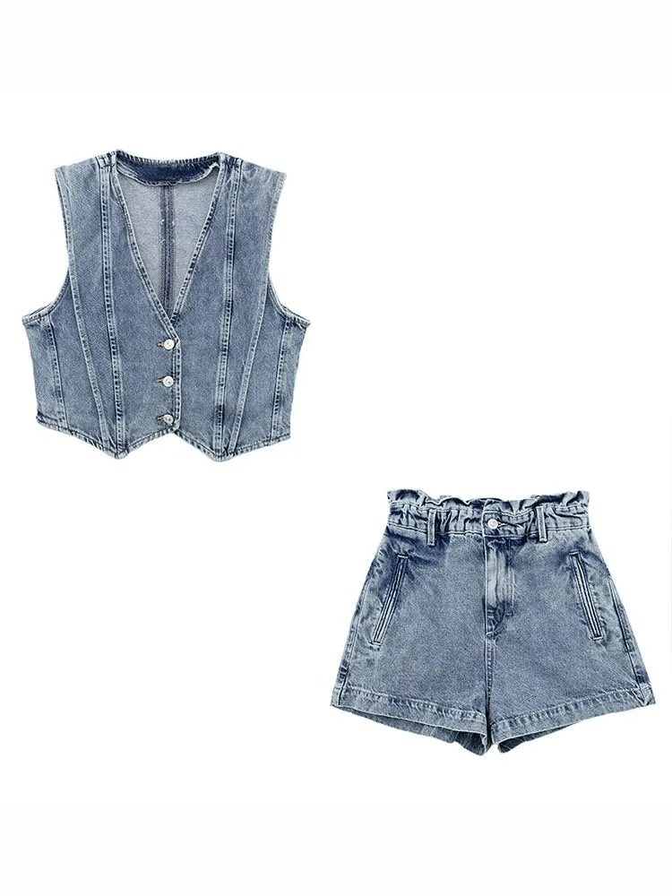 Chic Streetwear Denim Y2K Women Suit Fashion 2023 Summer V Neck Slim Sleeveless Vest High Street Zip Cool Mini Shorts