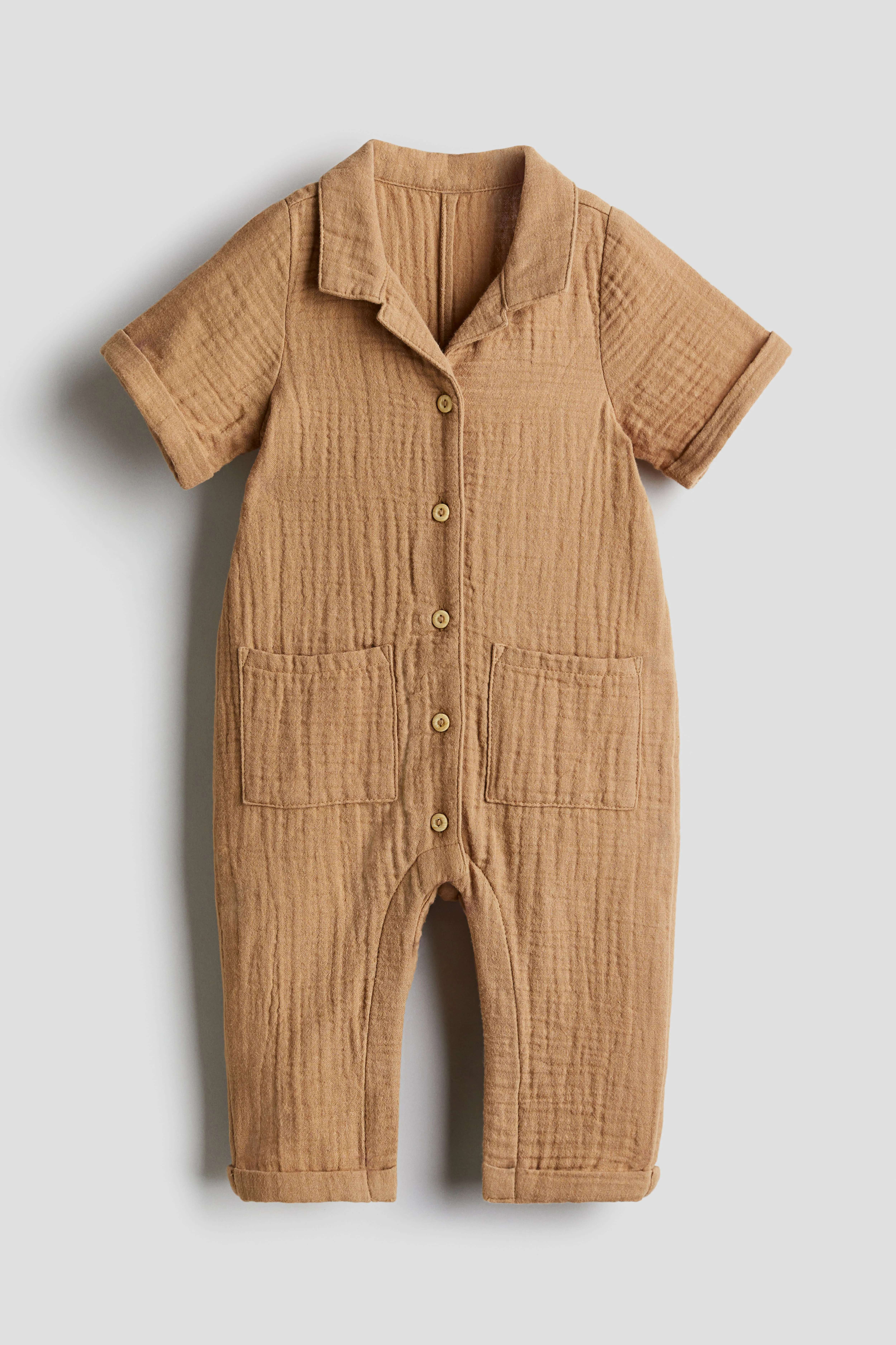 Cotton muslin romper suit - Short sleeve - Long - Beige - Kids | H&M GB