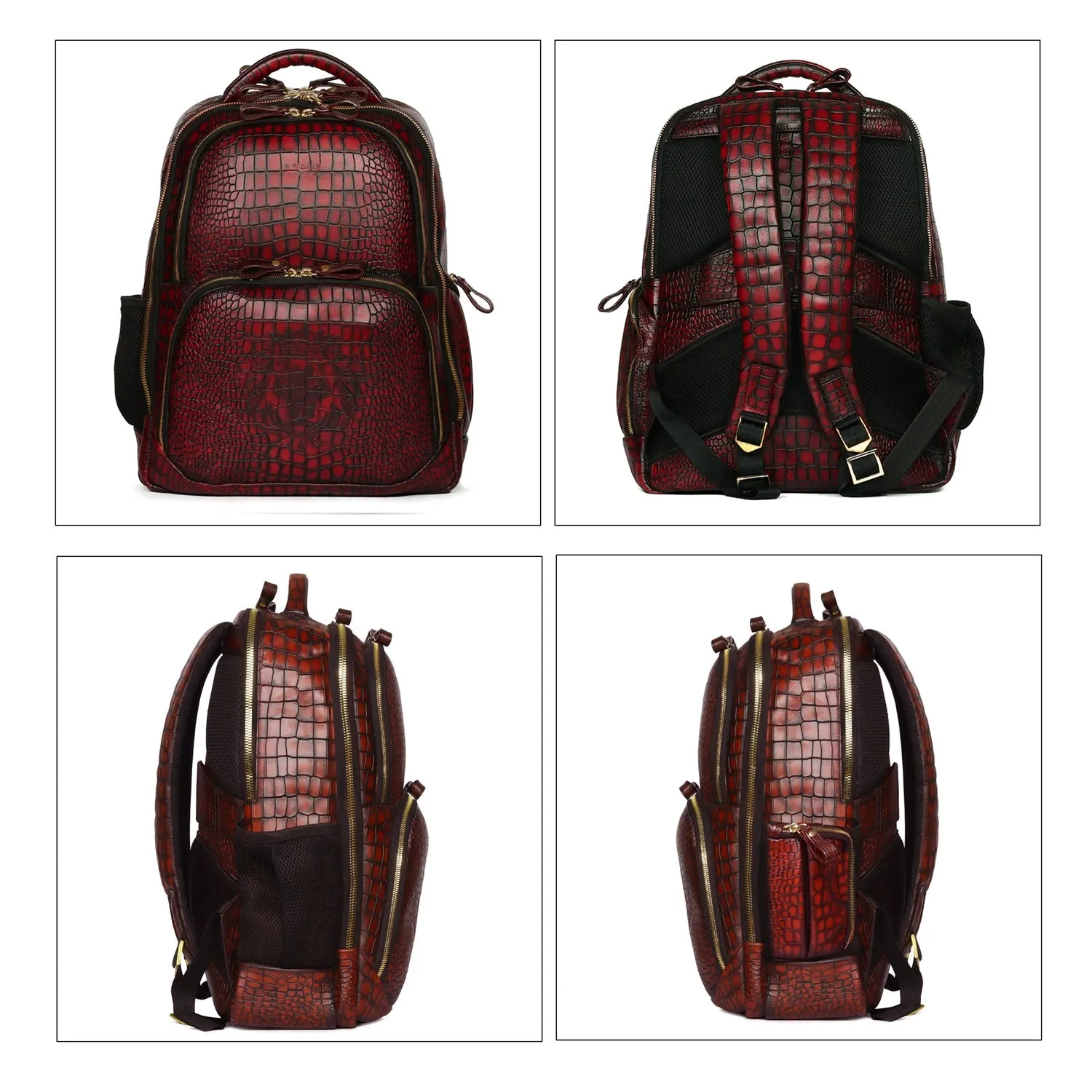 Deep Cut Smokey Wine Croco Textured Hand Painted Leather Backpack by Brune & Bareskin