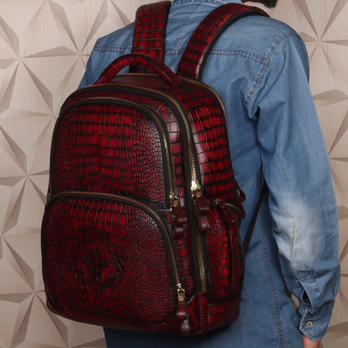 Deep Cut Smokey Wine Croco Textured Hand Painted Leather Backpack by Brune & Bareskin