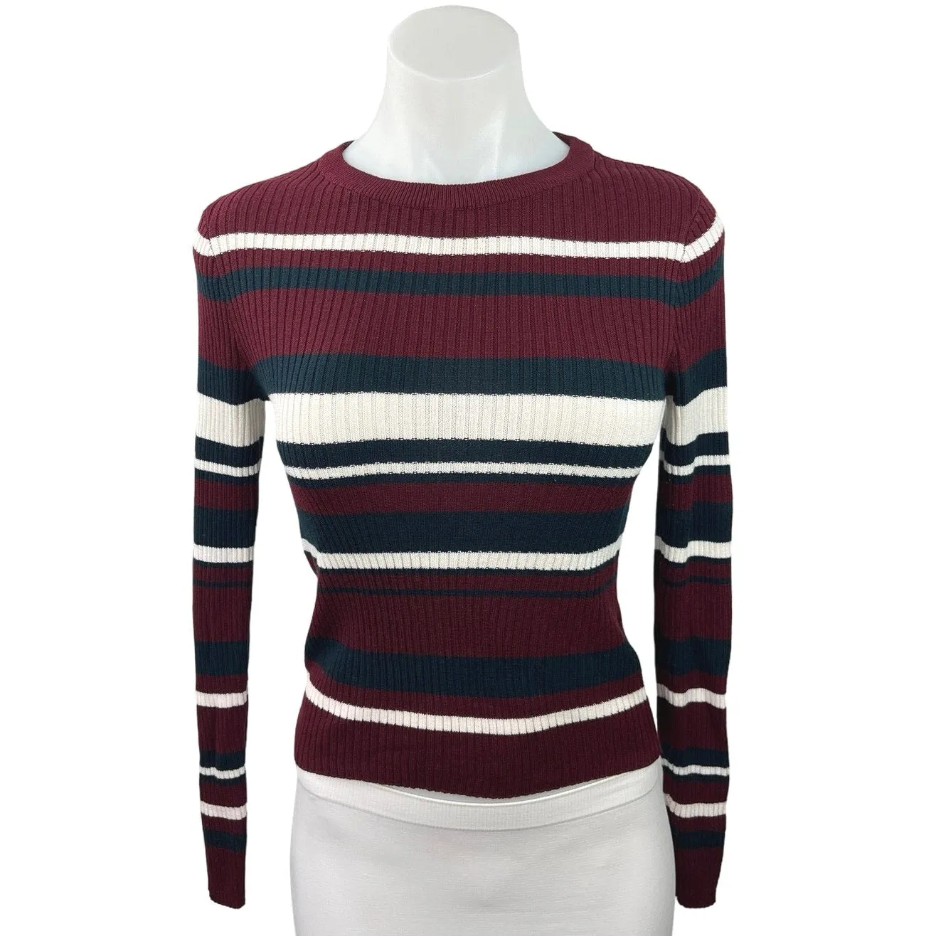 Divided H&M Maroon Striped Ribbed Knit Crewneck Long Sleeve Pullover Sweater S