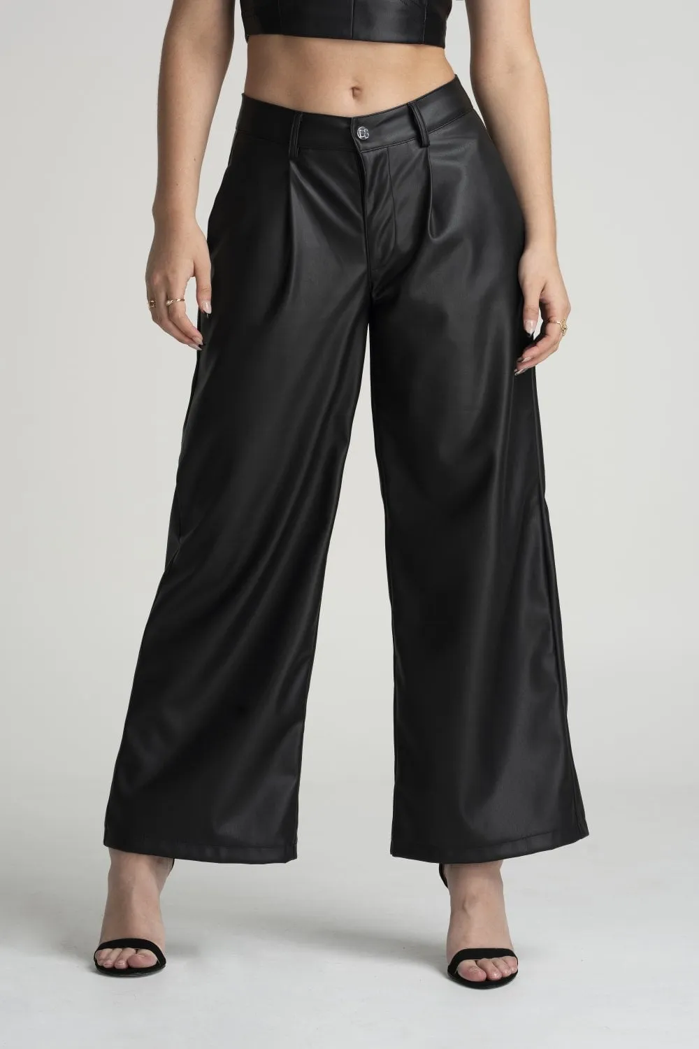 Double Second Black Vegan Leather Wide Leg Trousers