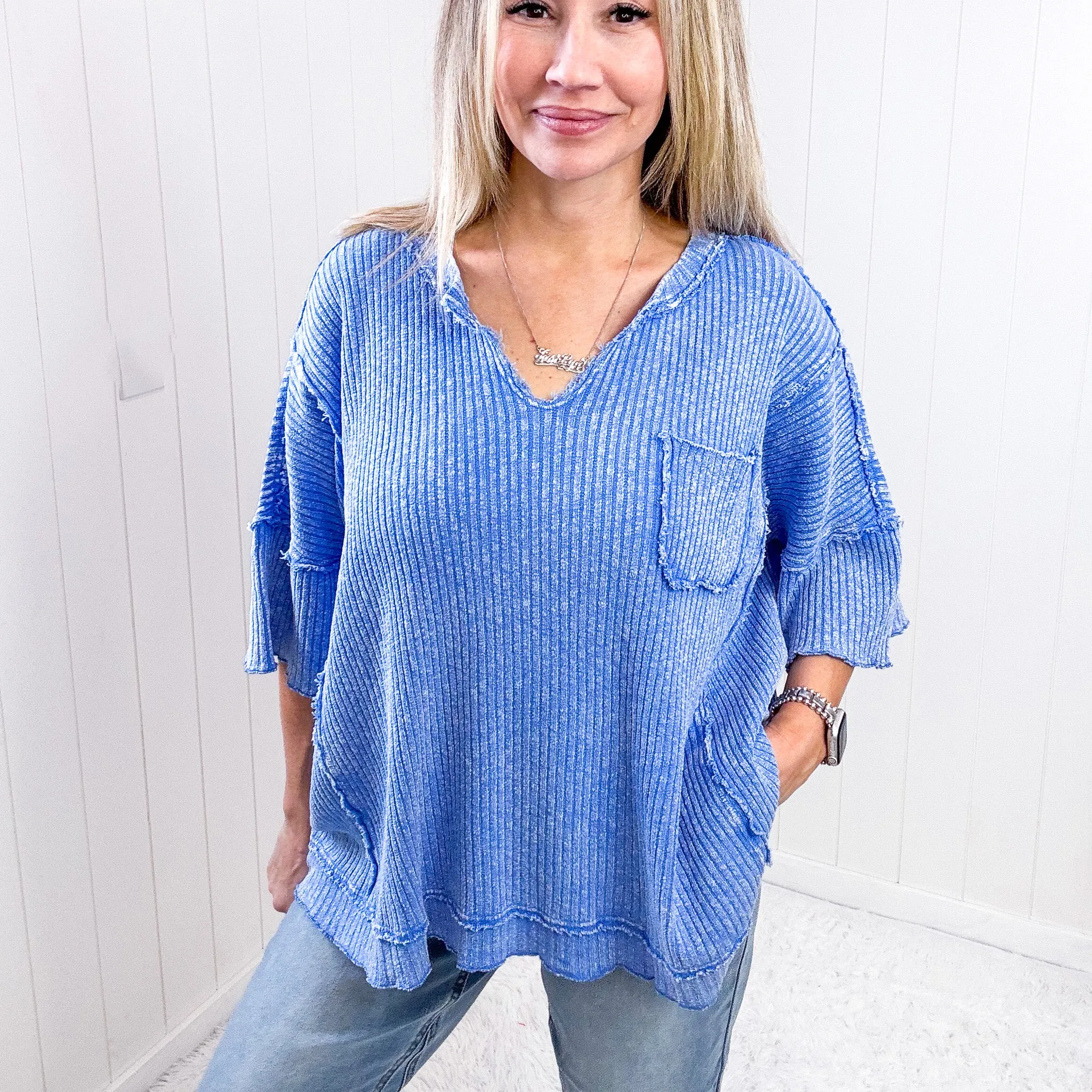 Easel Peri Blue Oversized Boxy Wide Ribbed Short Sleeve Top