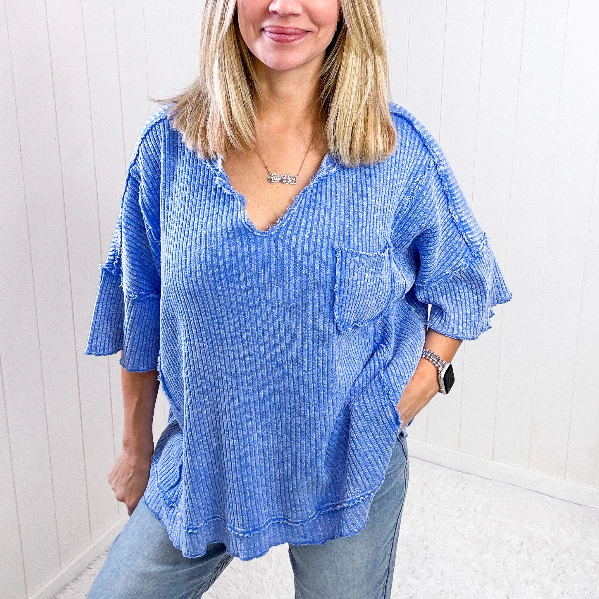 Easel Peri Blue Oversized Boxy Wide Ribbed Short Sleeve Top