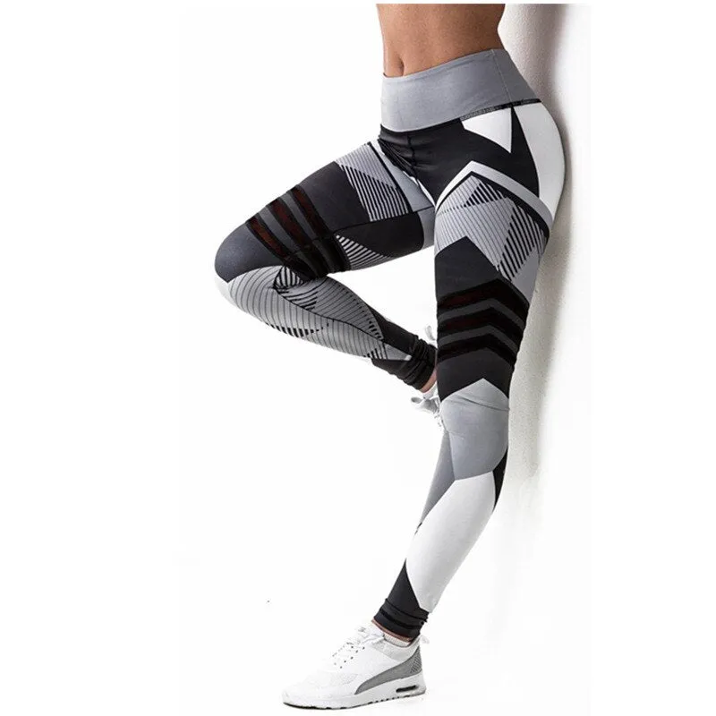 Fashion Women Leggings Fitness High Waist Elastic Push UP Mesh Patchwork Striped Printed Ankle Length Polyester Leggings