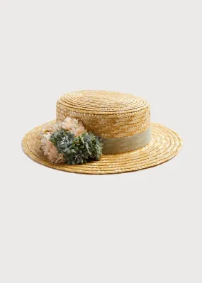 Faux Flower Straw Boater Hat in Teal Blue