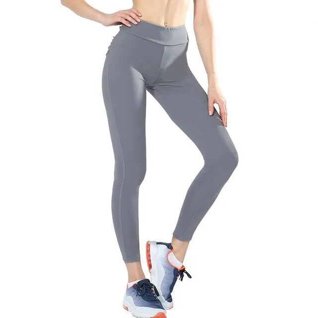 Fitness Women Leggings Workout Mid Waist Elastic Push Up Ankle Length Polyester Legging Casual Black Leggings