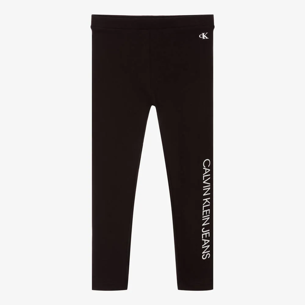 Girls Black Cotton Logo Leggings