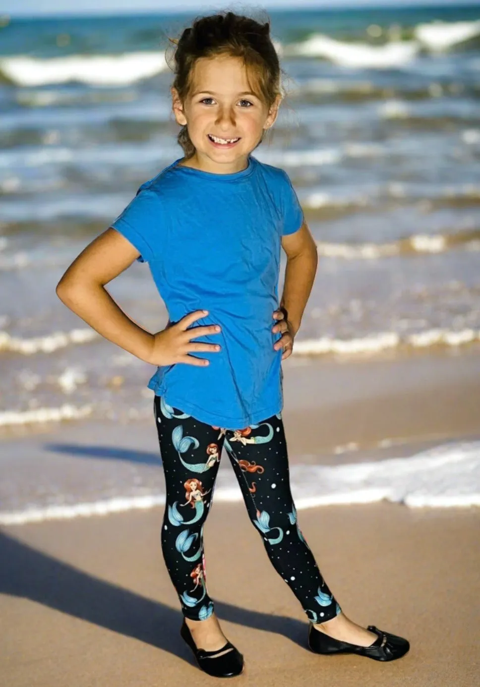 Girls Mermaid Leggings, Kids Yoga Pants, Sizes S/L, Yoga Waist, Black/Multi, Exclusive Leggings