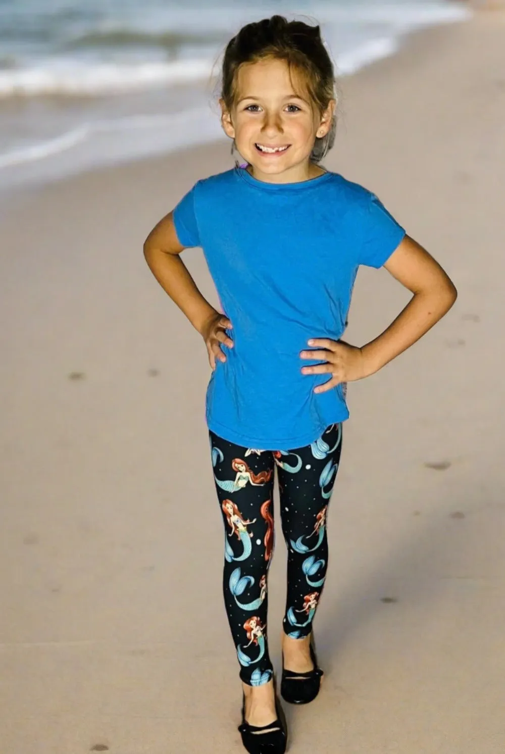 Girls Mermaid Leggings, Kids Yoga Pants, Sizes S/L, Yoga Waist, Black/Multi, Exclusive Leggings