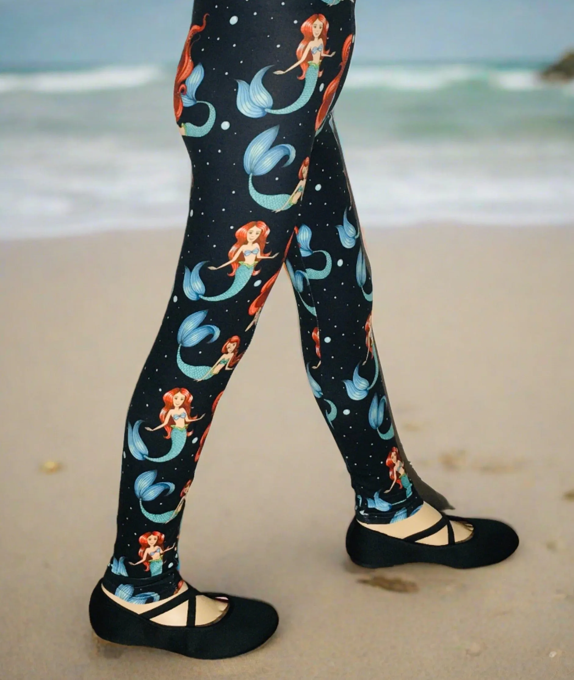 Girls Mermaid Leggings, Kids Yoga Pants, Sizes S/L, Yoga Waist, Black/Multi, Exclusive Leggings