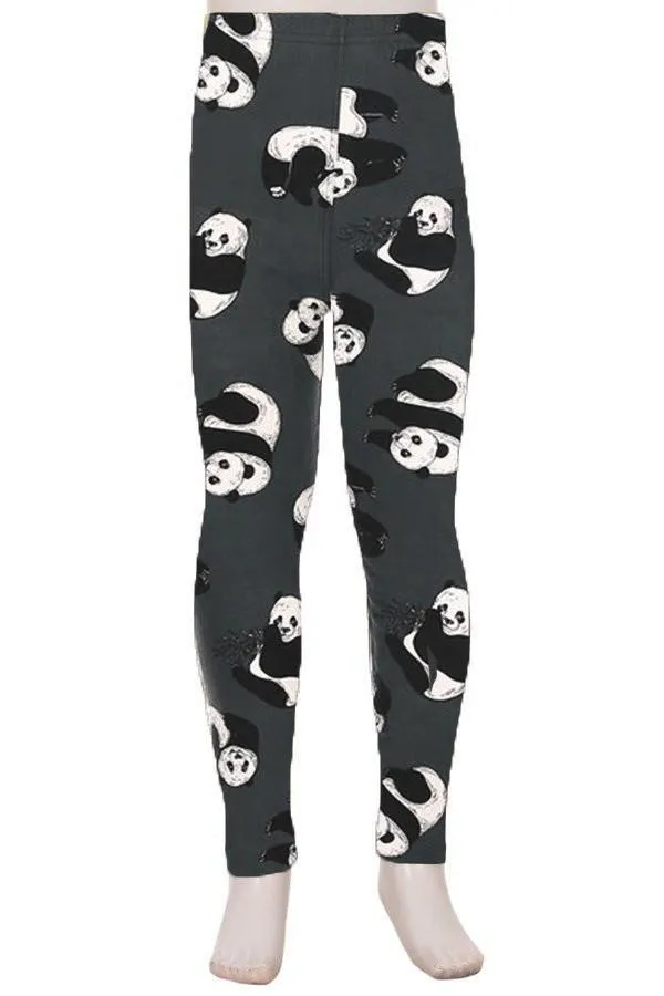 Girls Panda Bear Leggings, Kids Yoga Pants, Sizes S/L, No-Roll Waist, Gray/Black