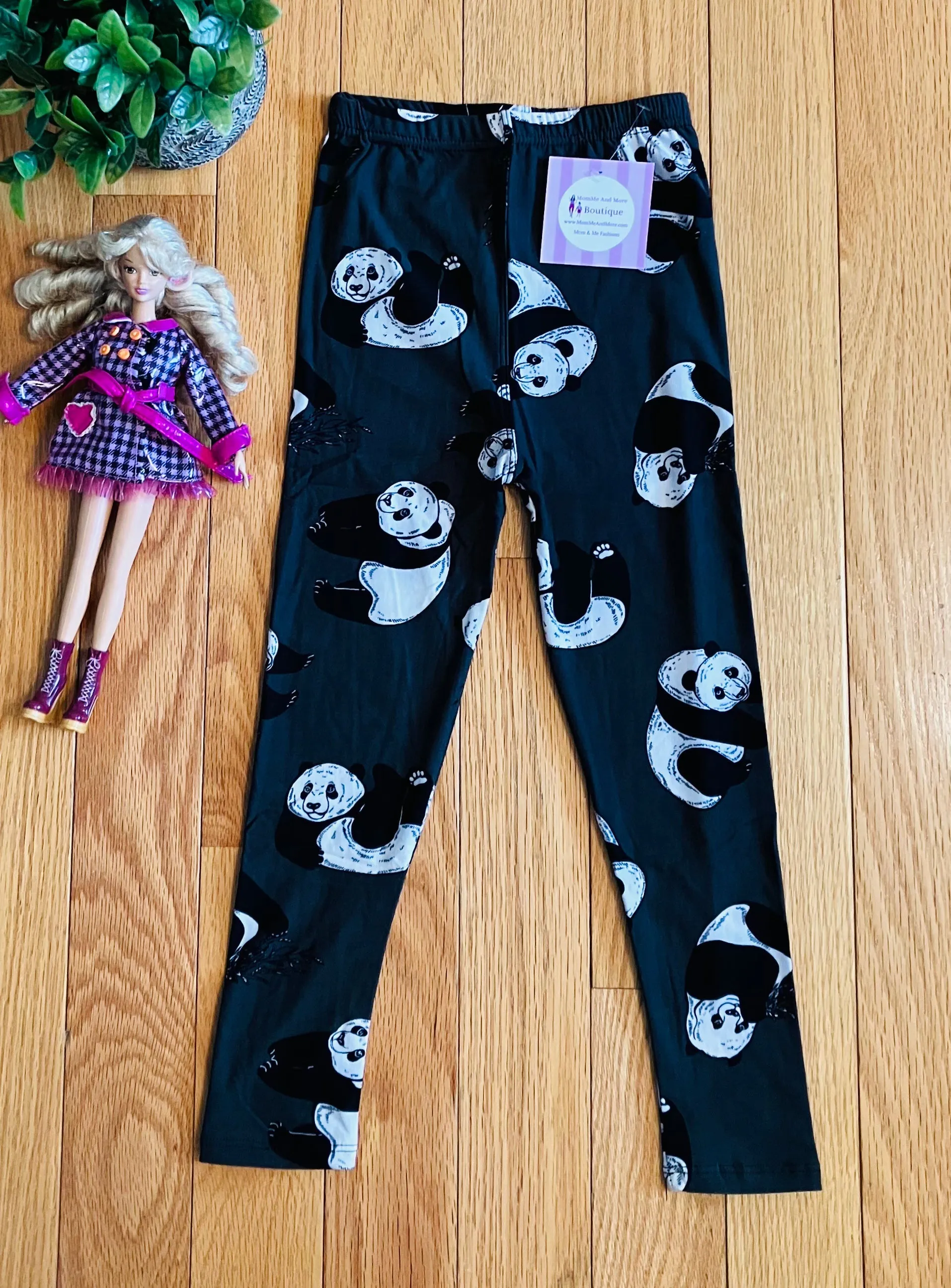 Girls Panda Bear Leggings, Kids Yoga Pants, Sizes S/L, No-Roll Waist, Gray/Black