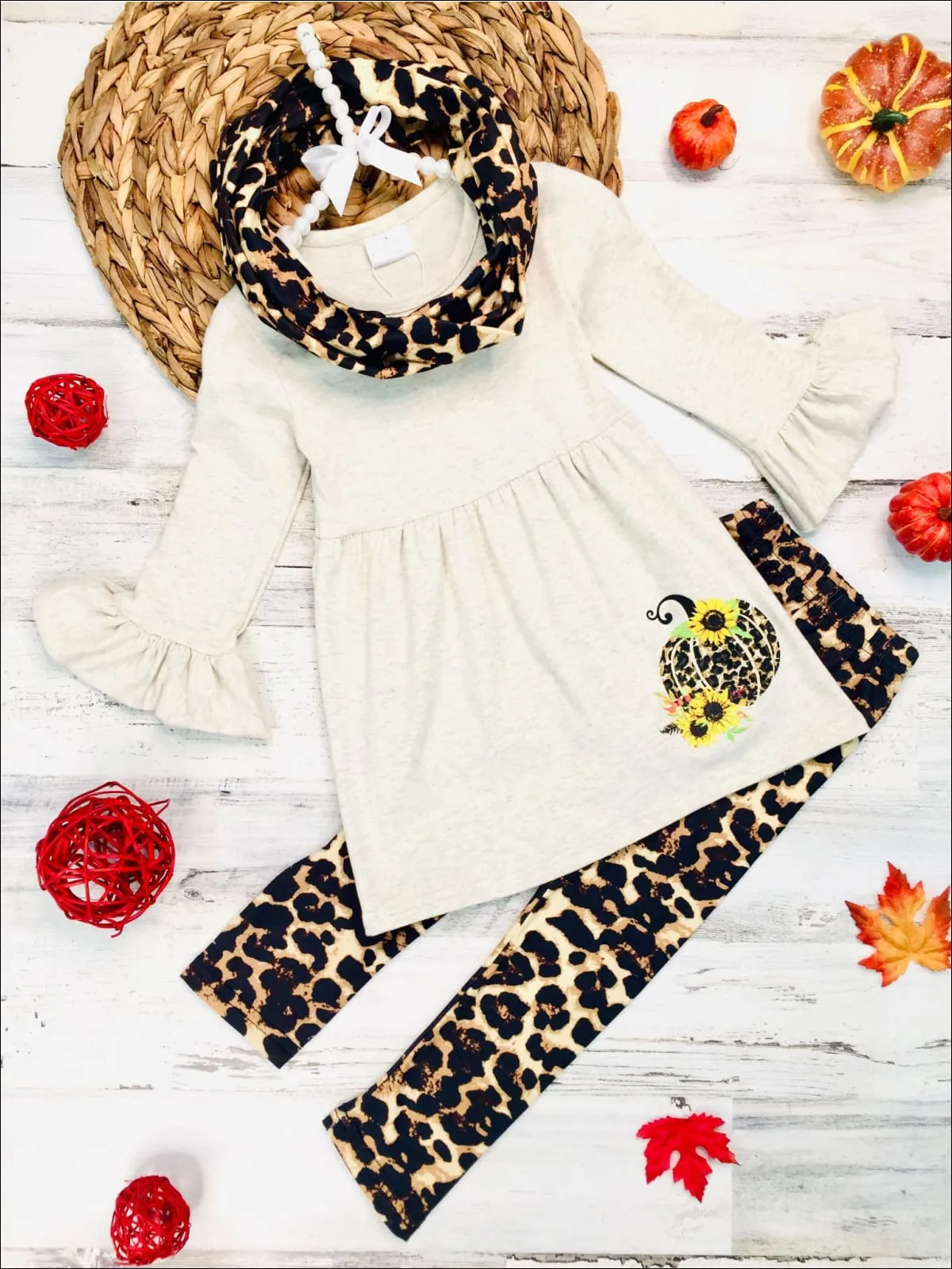 Girls Pumpkin Sunflower Print Long Ruffled Sleeve Top, Animal Print Leggings And Scarf Set