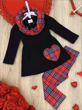 Girls True Feelings Plaid Tunic, Leggings and Scarf Set