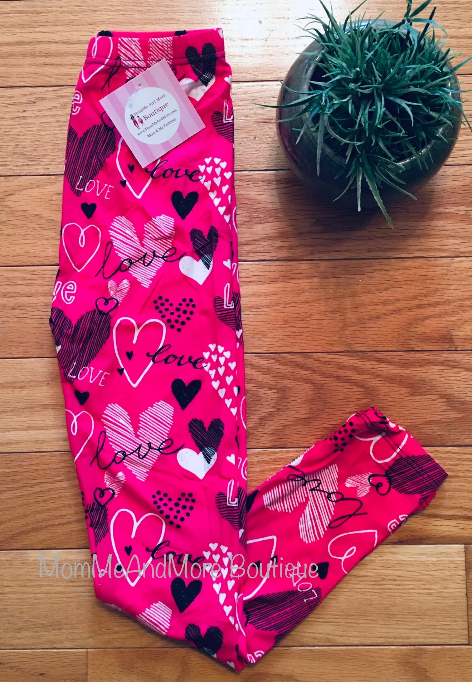 Girls Valentines Day Heart Leggings, Kids Yoga Pants, Sizes S/L, No-Roll Waist, Pink