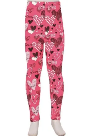 Girls Valentines Day Heart Leggings, Kids Yoga Pants, Sizes S/L, No-Roll Waist, Pink