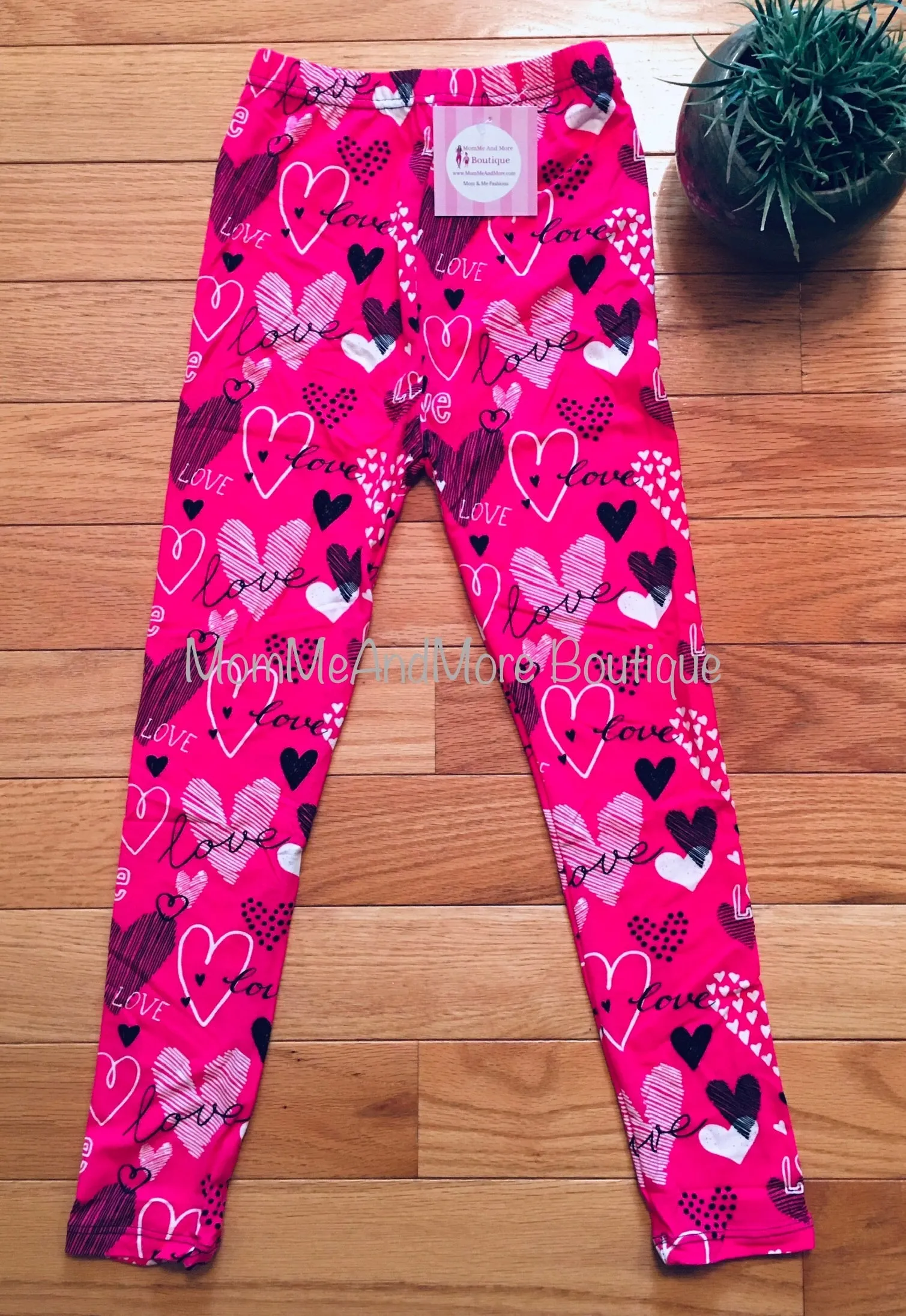 Girls Valentines Day Heart Leggings, Kids Yoga Pants, Sizes S/L, No-Roll Waist, Pink