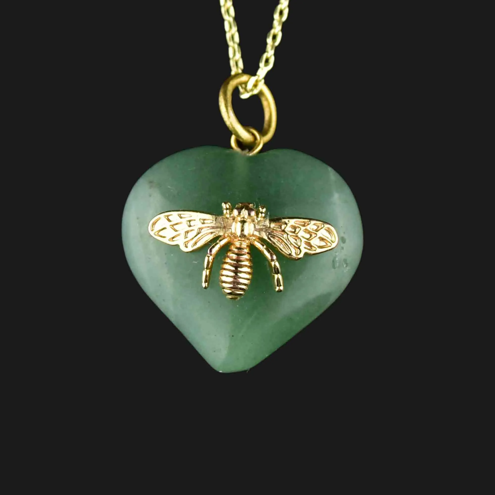 Green Aventurine Heart Bee Pendant Necklace