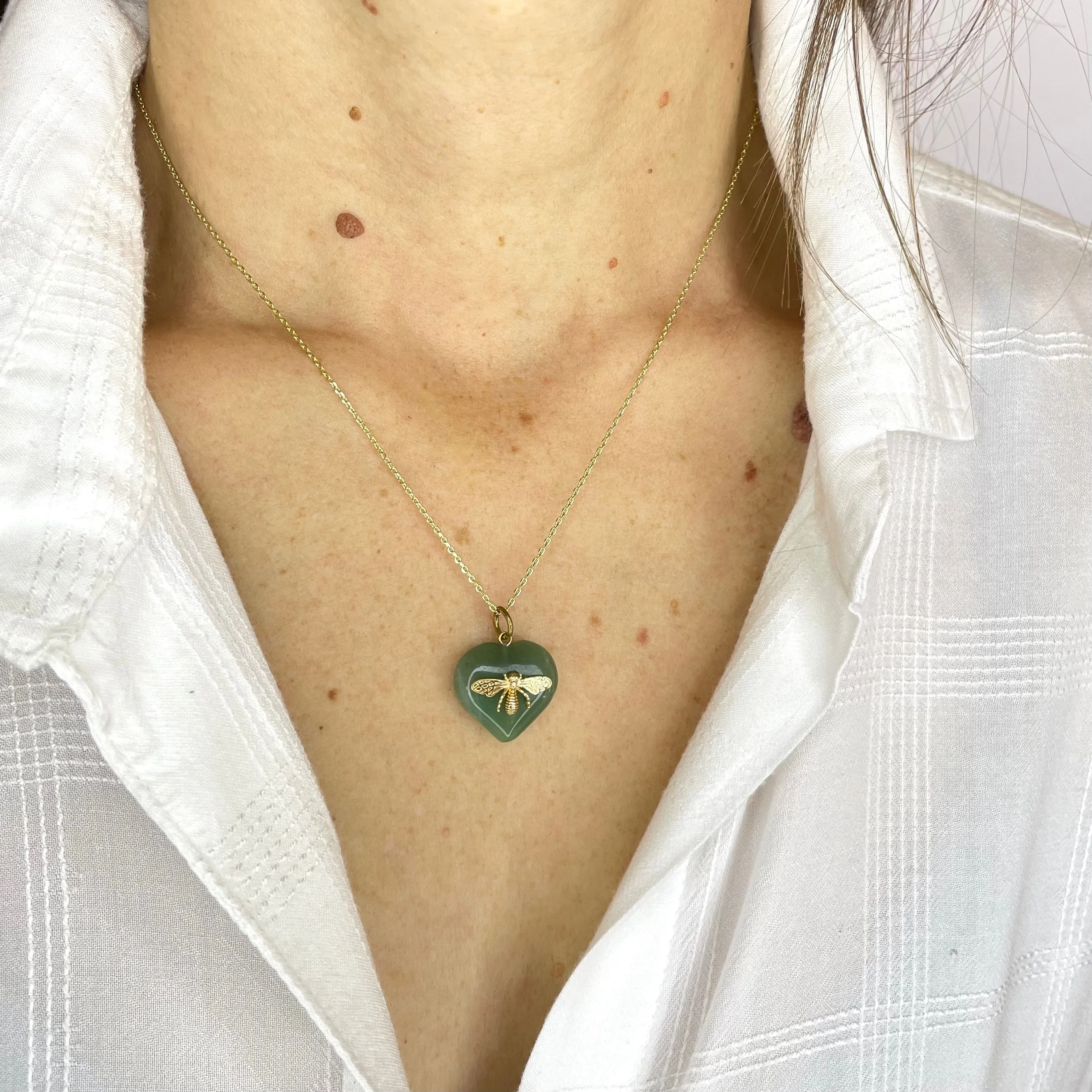 Green Aventurine Heart Bee Pendant Necklace