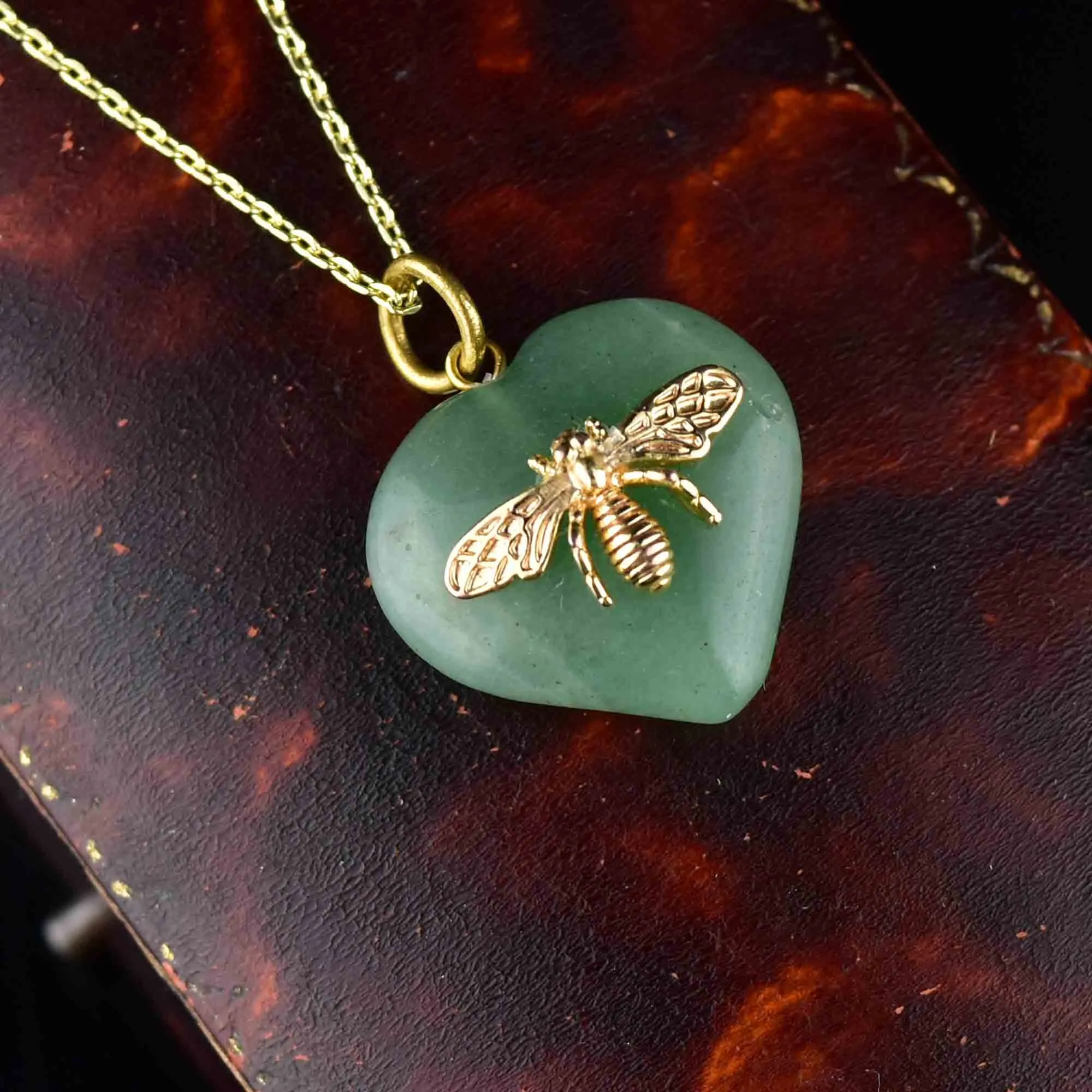 Green Aventurine Heart Bee Pendant Necklace