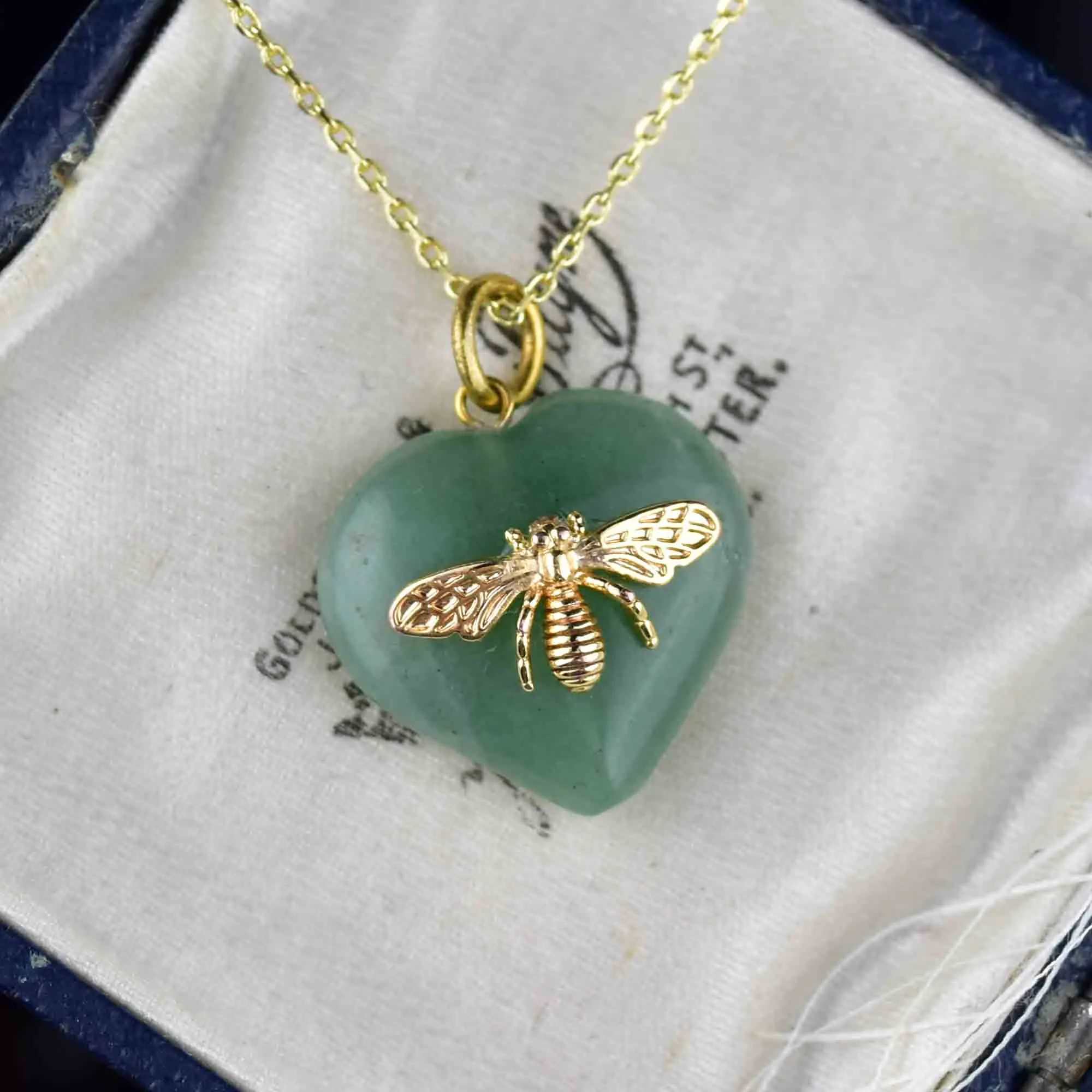 Green Aventurine Heart Bee Pendant Necklace