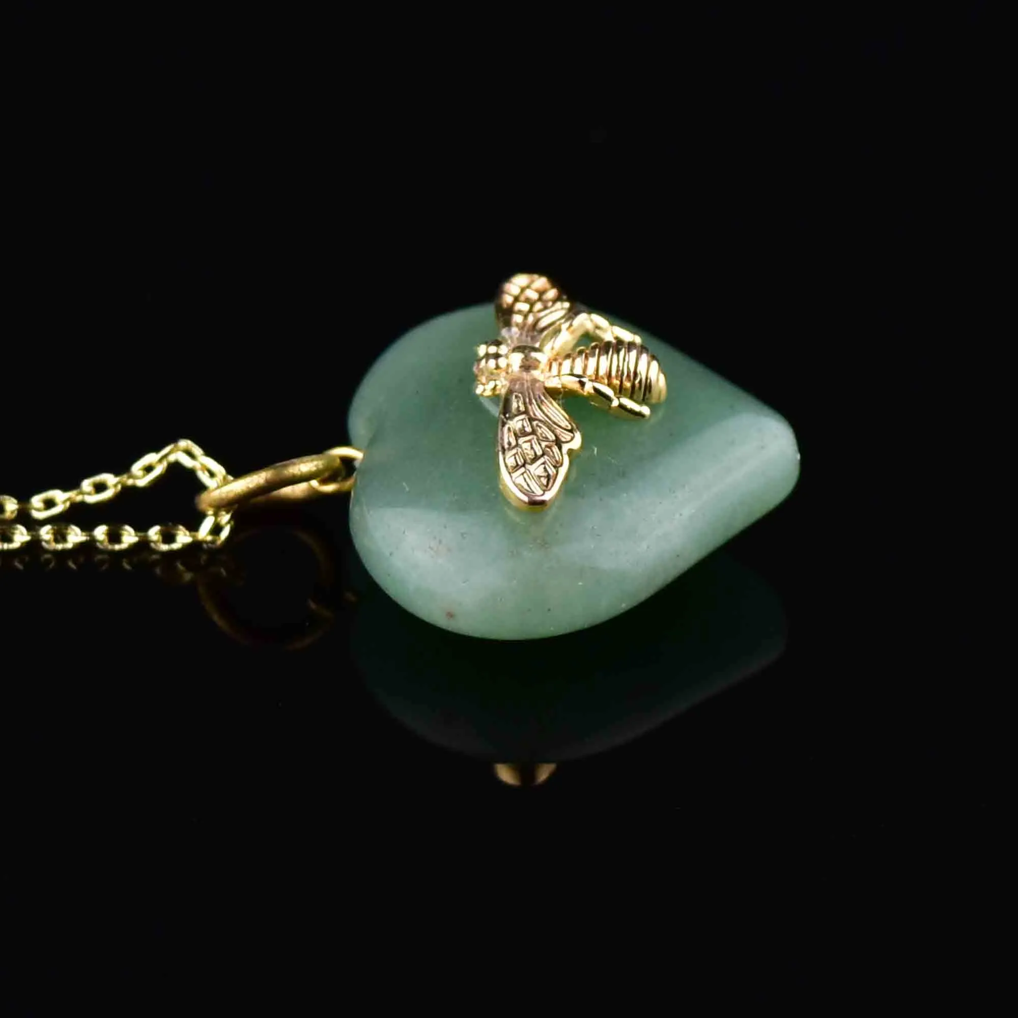 Green Aventurine Heart Bee Pendant Necklace