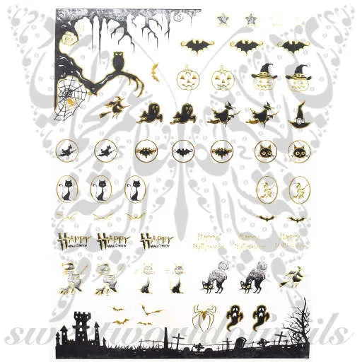 Halloween Nail Art Gold Cats Bats and Pumpkins Water Decals