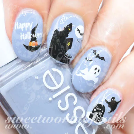 Halloween Nail Art Haunted House Bats and Ghosts Nail Decals