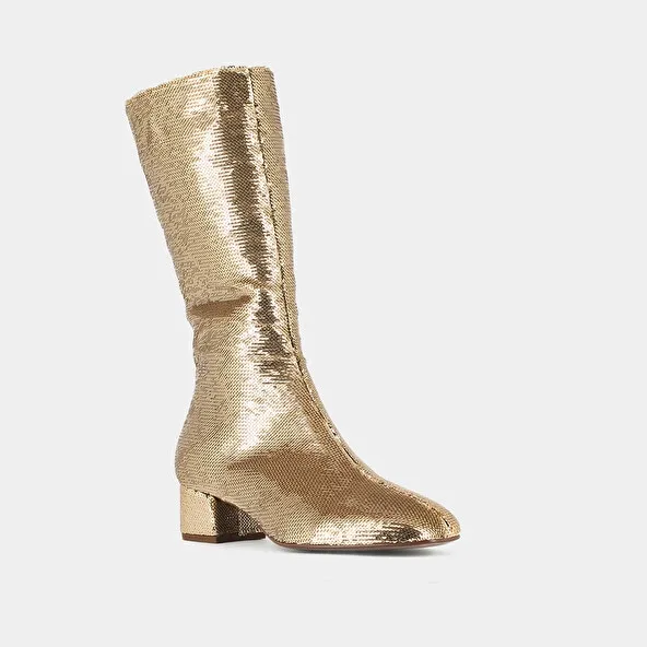 Heeled boots with pointed toe in platinium sequins