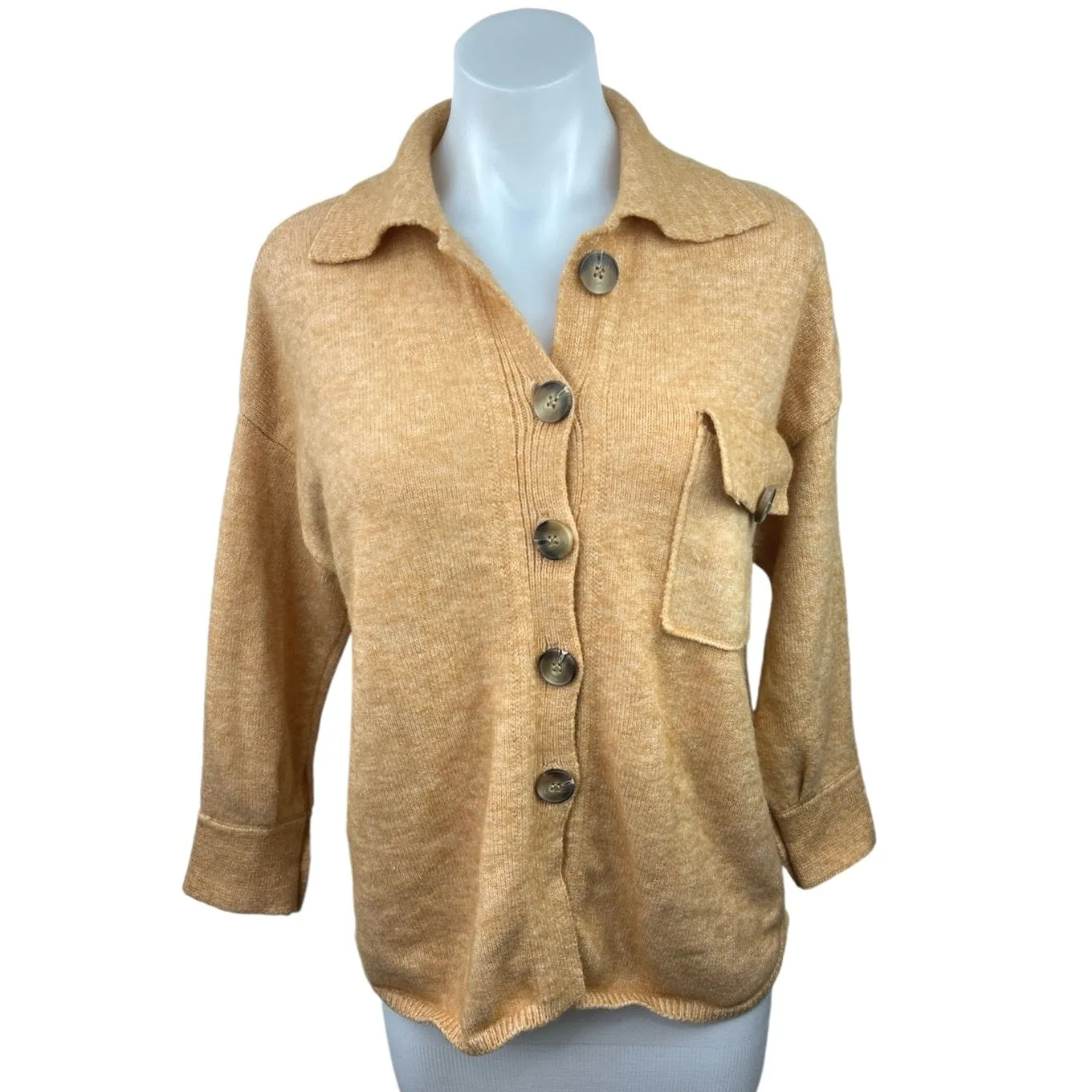 Industry Yellow Button Down Collared Chest Pocket Coatigan Sweater Top Size XS