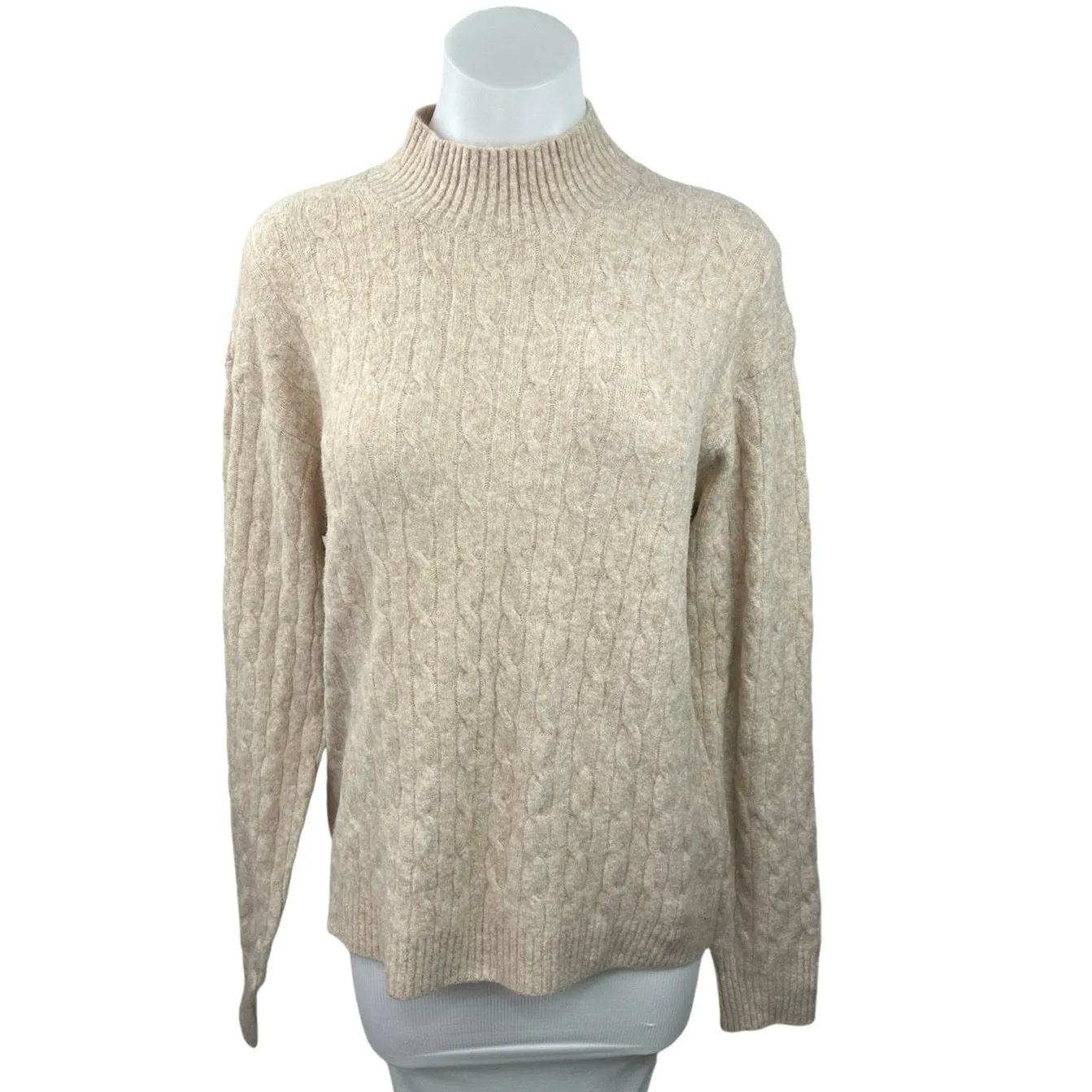 J.Crew NWT Tan Extra Soft Wool Blend Cable Knit Mock Neck Pullover Sweater Sz L