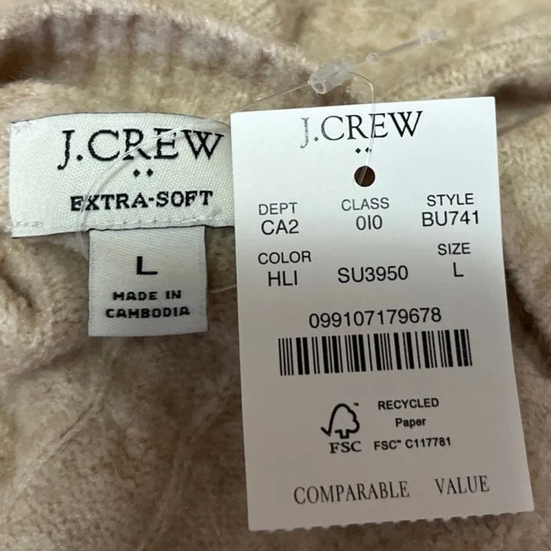 J.Crew NWT Tan Extra Soft Wool Blend Cable Knit Mock Neck Pullover Sweater Sz L