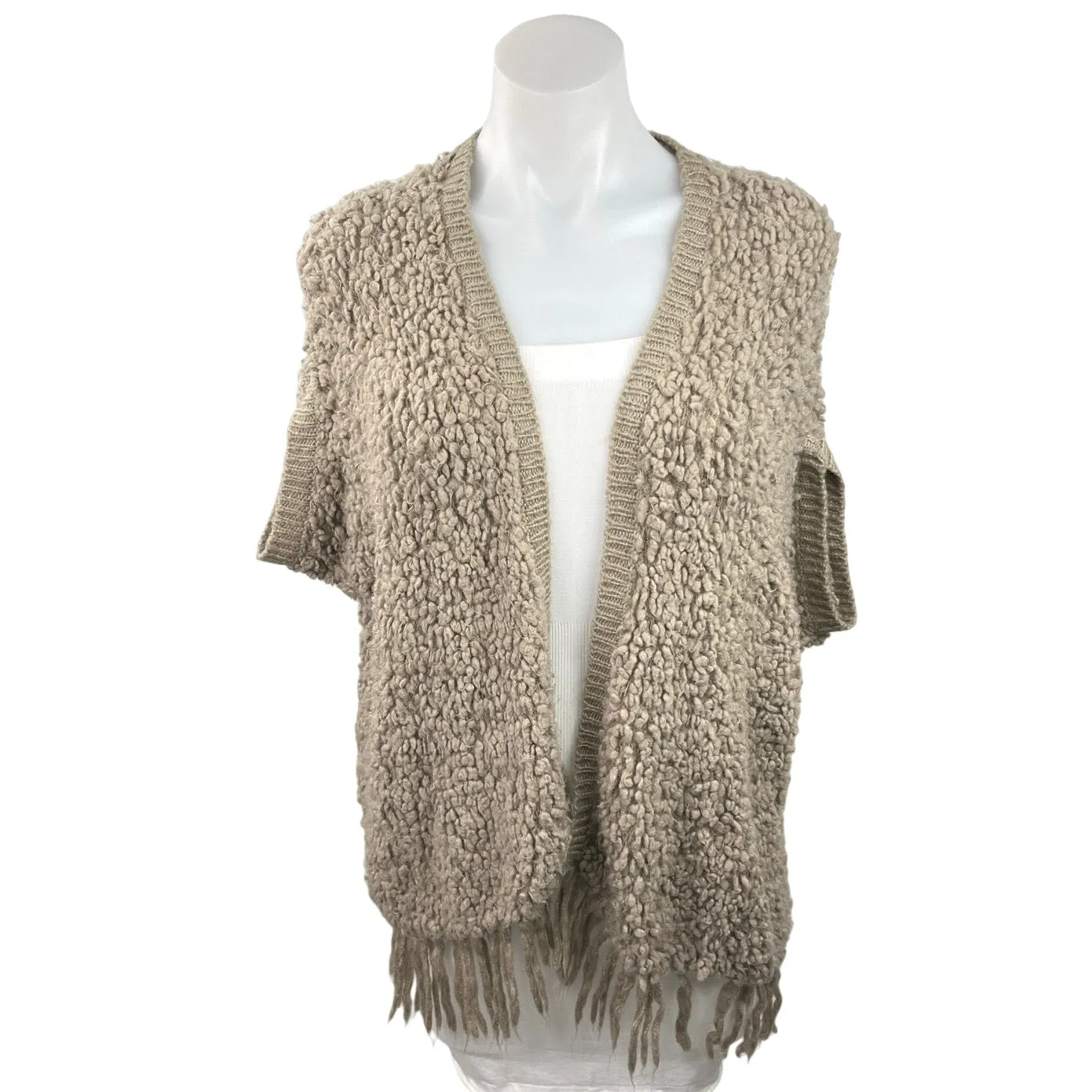 Kensie Women's Beige Short Sleeve Open Cardigan Fringe Hem Fur Sweater Top XS/S