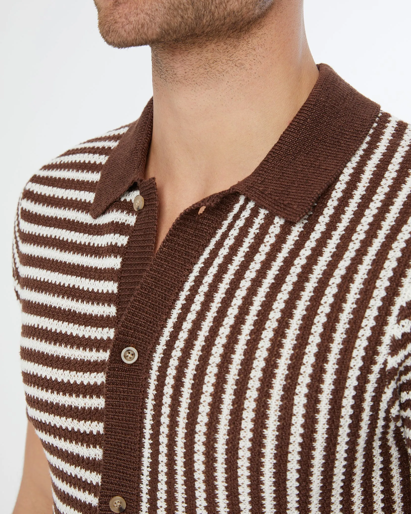 Linen Short Sleeve Button Up Sweater | Chocolate/White